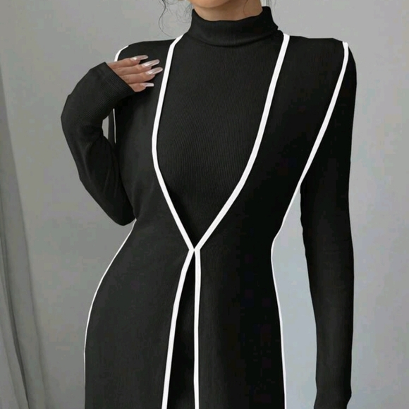 2pcs Set Knitted Ribbed Turtleneck Color Block Dress For Women - Picture 3 of 7